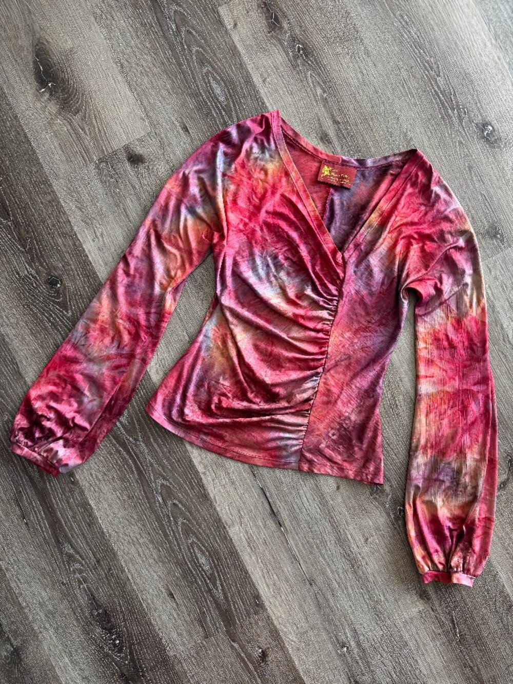 Vintage Y2K Les Mains Folles Top | Ruched Montreal Tie Dye Balloon Sleeve S